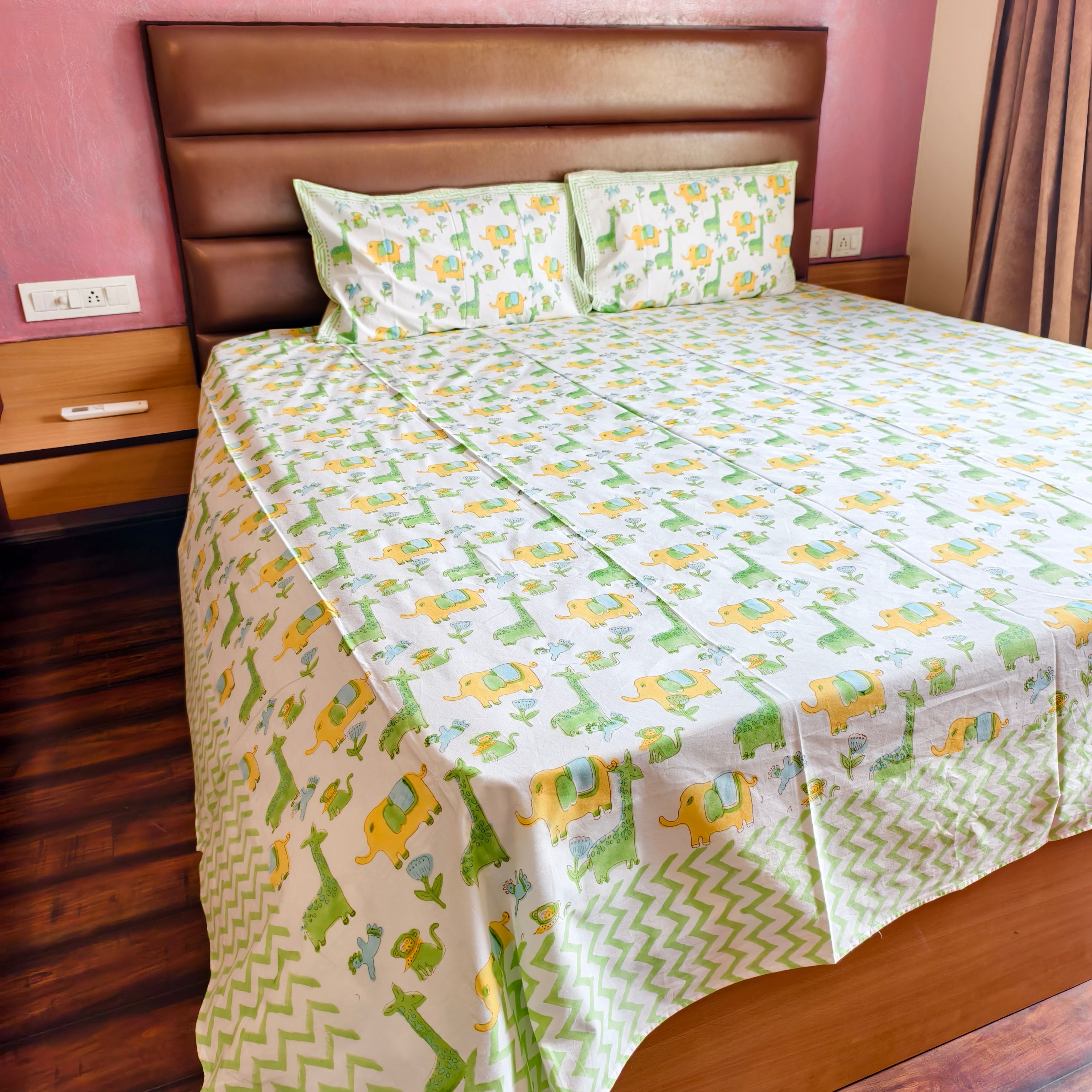 Jungle Safari Print Handblock Cotton Double Bedsheet Set with 2 Pillow Covers